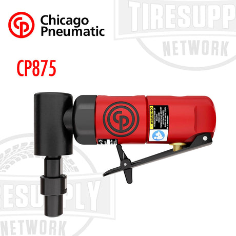 Chicago Pneumatic Die Grinder (CP875) in red and black color with a pneumatic regulator, angle head, and safety lever.