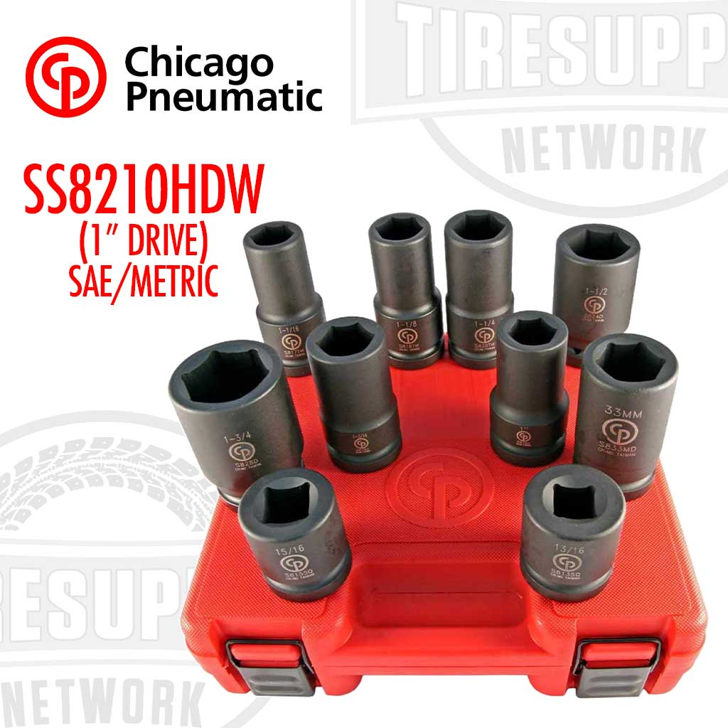 A set of Chicago Pneumatic branded impact sockets in SAE and metric sizes, displayed in a red blow molded storage case with the model number SS8210HDW printed on it.