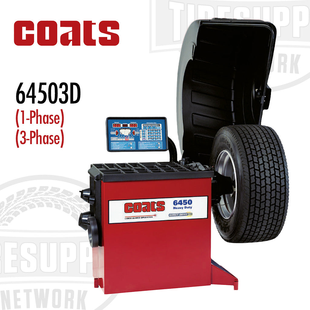 Coats 6450 3D Heavy Duty Truck Wheel Balancer, featuring a large black tire mounted on a red and gray machine with a digital display, marketed as a 1-Phase and 3-Phase product.