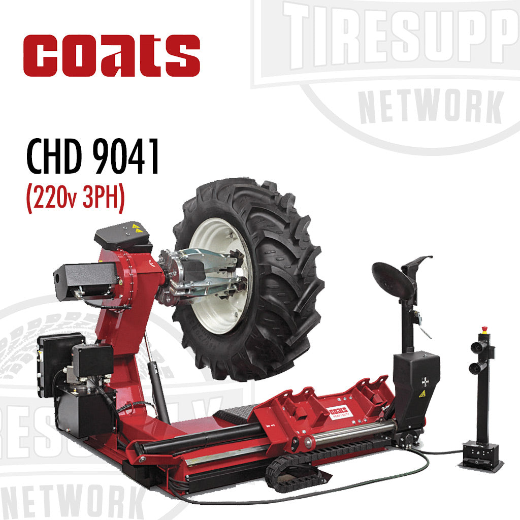 Coats heavy duty tire changer machine, model CHD 9041, in red color with a black tire mounted on it, designed for changing agricultural tire.