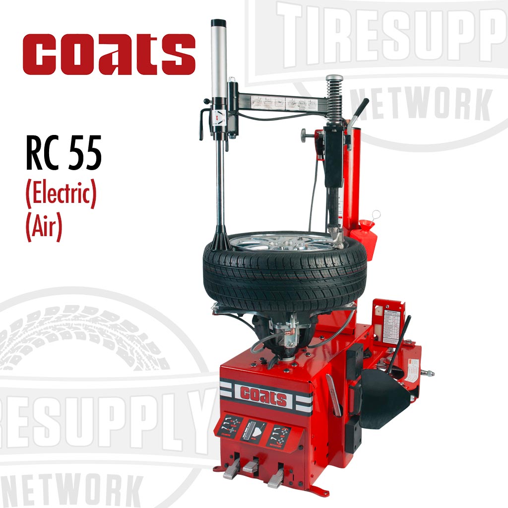 A red Coats RC 55 Rim Clamp Tire Changer with RC Robo-Arm Helper Device, capable of being used with either an electric or air motor. 85609950