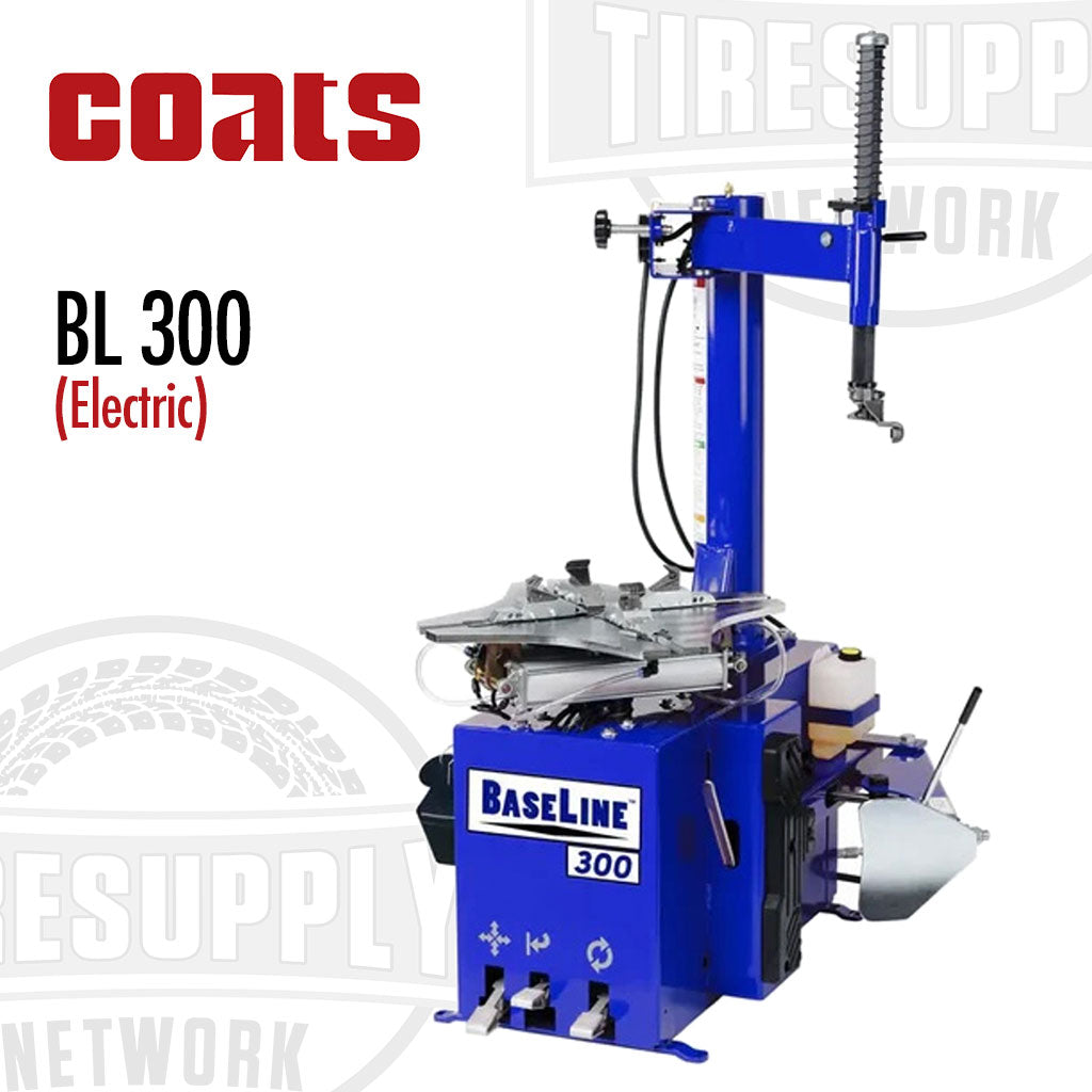 A blue Coats BaseLine BL300 electric tire changer machine, designed for changing car and light truck tires, with various equipment attached.