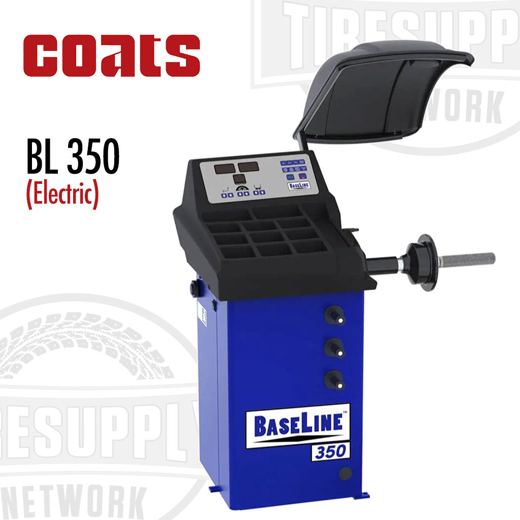 A Coats Baseline BL350 electric wheel balancer, predominantly blue with black accents, designed for tire balancing in automotive shops.