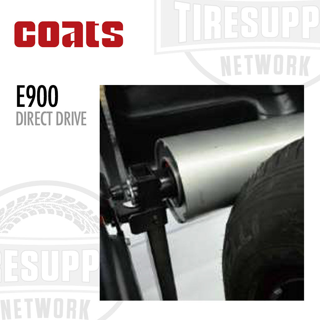 Coats E900 Direct Drive tire on a stand with Coats and TIRESUPP Network branding.