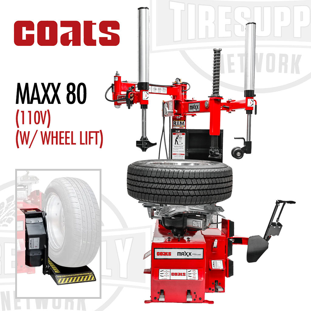 The image shows the Coats MAXX 80 Rim Clamp Tire Changer with Robo-Arm and Robo-Roller Tool. It is mounted on a red chassis with a black tire mounted on it.