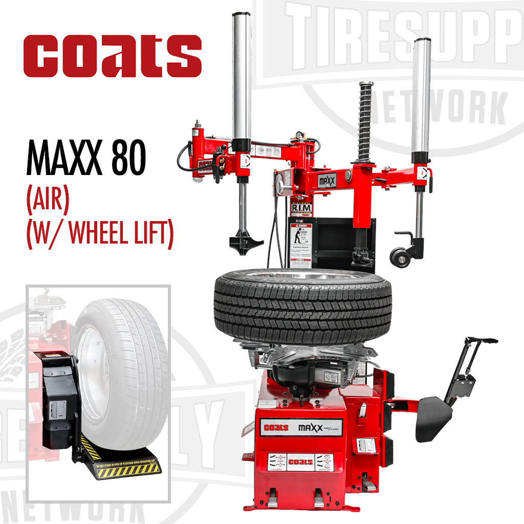 The image shows the Coats MAXX 80 Rim Clamp Tire Changer with Robo-Arm and Robo-Roller Tool. It is mounted on a red chassis with a black tire mounted on it.