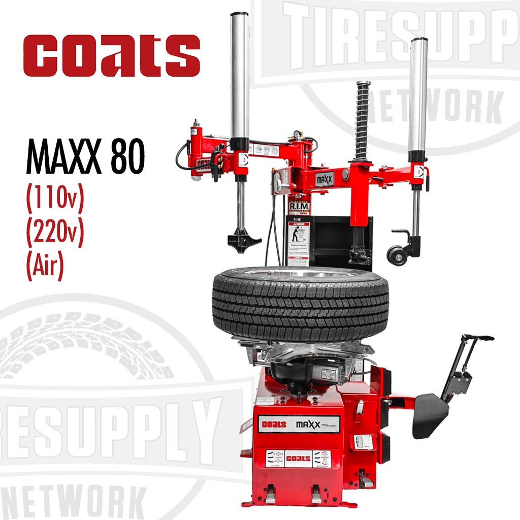 The image shows the Coats MAXX 80 Rim Clamp Tire Changer with Robo-Arm and Robo-Roller Tool. It is mounted on a red chassis with a black tire mounted on it.