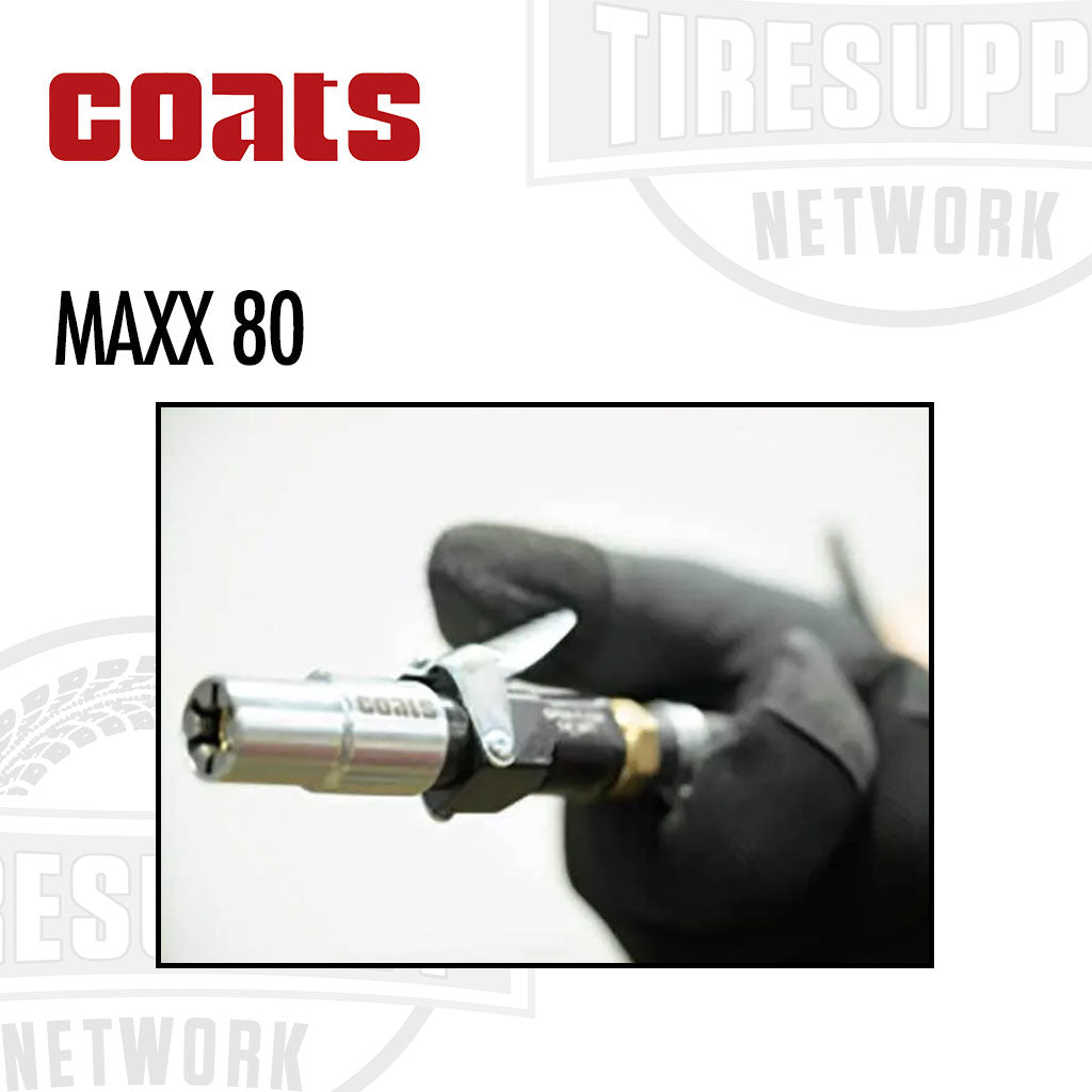 Coats MAXX 80 tire pressure gauge held by a gloved hand with Coats and Tire Supply Network logos.