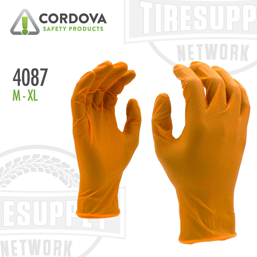 A pair of orange, powder-free, nitrile gloves with diamond embossed grip, showing the front and back sides.