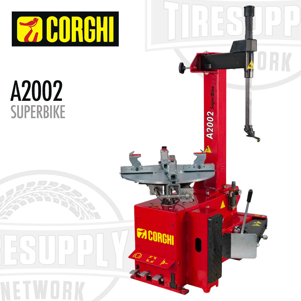 Red tire balancing machine with 'Corghi' branding on a white background. A2002 Superbike