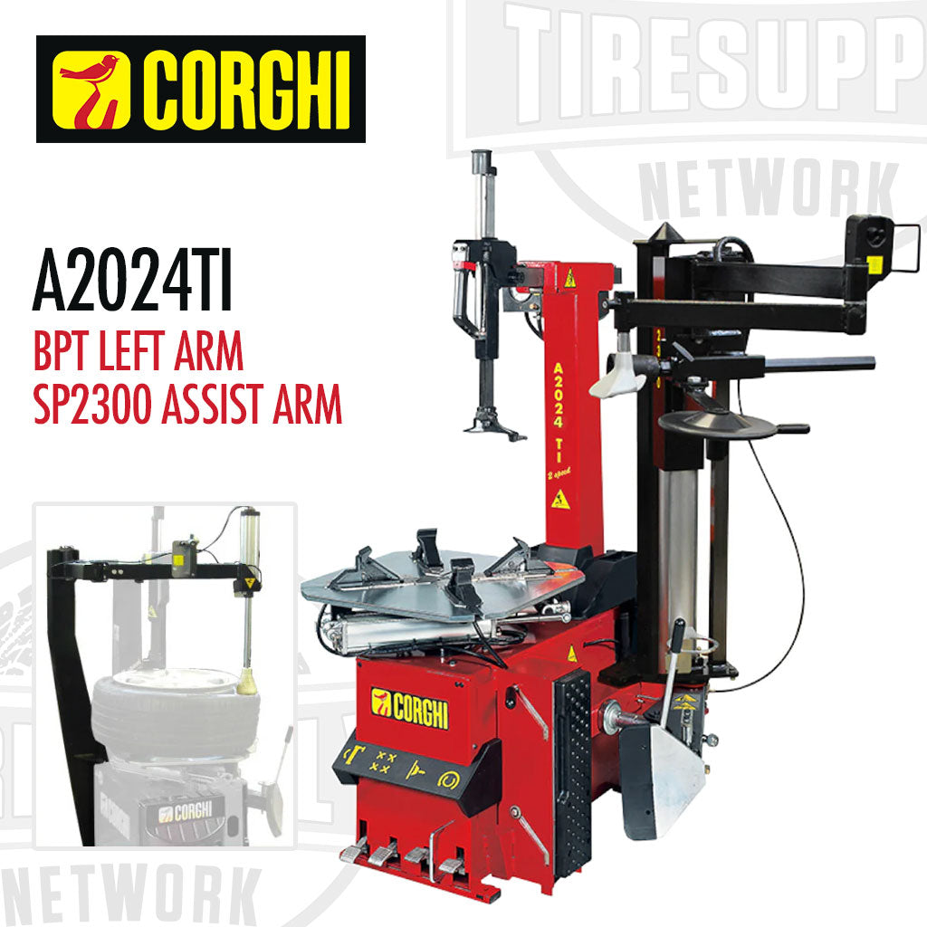 Corghi A2024TI BTS Left Arm SP2300 Assist Arm. Tapered Roller: Facilitates demounting and mounting of first bead by keeping the bead within the rim well.
The large disc lifts the tire and detached the lower bead. Rotating bead depressor: Follows the tire radially during mounting and demounting and depresses the bead with a roller