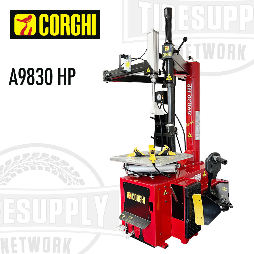 Red tire changer machine with 'Corghi' branding on a white background. A9830 HP