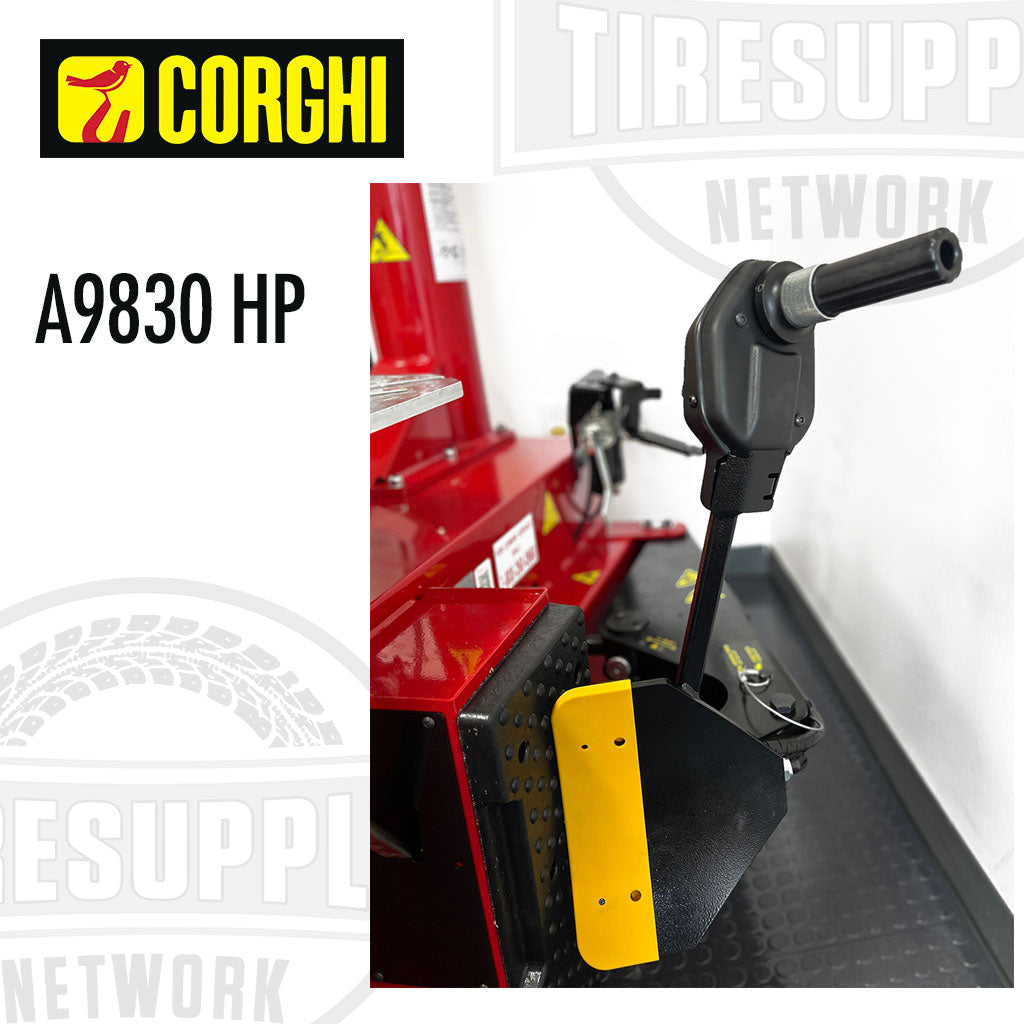 Red tire changer with yellow accents and 'Corghi' branding on a white background.