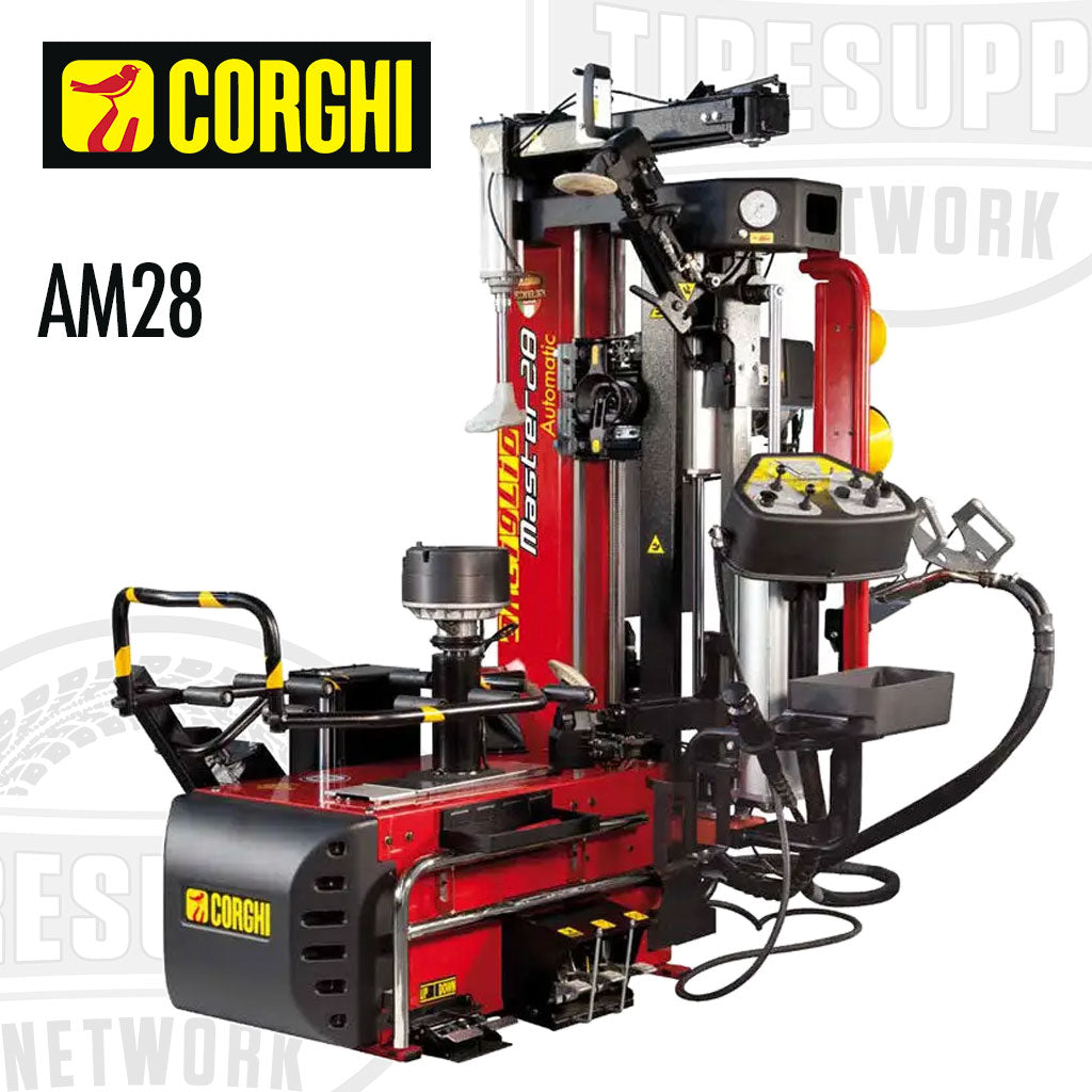 Corghi AM28 Auto Artiglio Master 28 inch touchless high performance tire changer machine, predominantly red with black and yellow accents, designed for automotive tire changing.