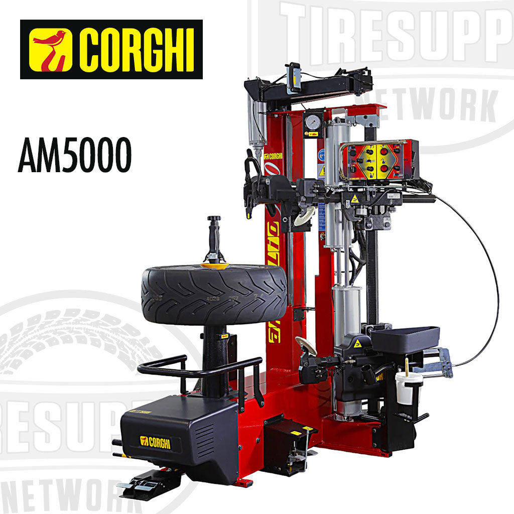Corghi AM5000 electric tire changer with a black and red finish, featuring a tire mounted on the machine, with the Corghi logo and 'AM5000' identification on the side.