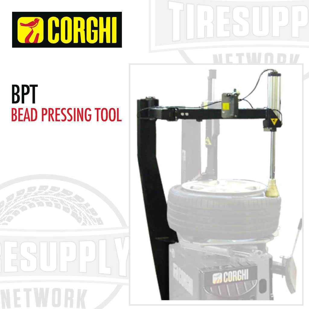 Pneumatic bead pressing tool attached to a Corghi tire changer machine, with the Corghi logo visible in the top left corner.