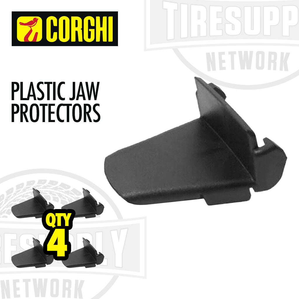 A set of four black plastic jaw protectors by Corghi, designed for use with shop equipment during tire changing tasks.
