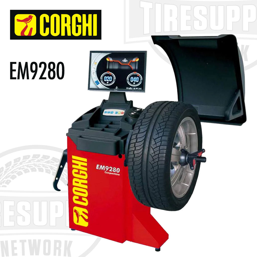 Corghi EM9280 LCD monitor with Smart-Arm. AWD. Quick and intuitive sensitivity calibration. Automatic wheel positioning. Wheel Clamping. Front support base.