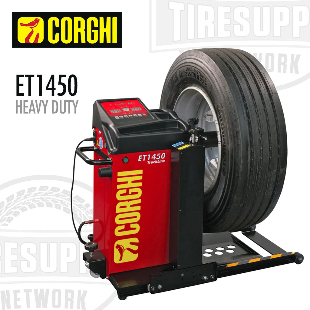 Corghi heavy duty truck wheel balancer with lift (ET1450) featuring red and black color scheme with the brand logo and tire mounted on the machine.