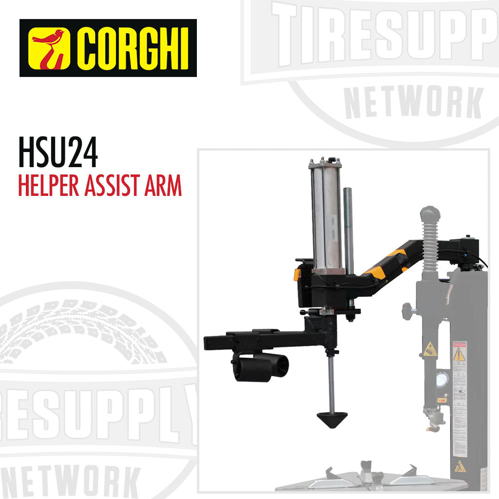 Corghi HSU24 Helper Assist Arm for Service Pro 124 Electric Swing Arm Tire Changer, predominantly black in color with some orange and gray accents, displayed against a white background.