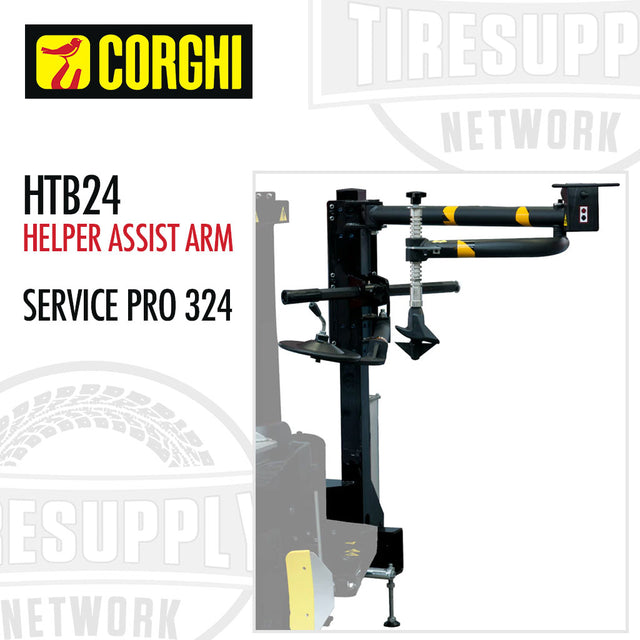A black Corghi HTB24 Helper Assist Arm for Service Pro 324 Electric Tilt-Back Tire Changer, with yellow accents and brand logos.