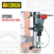 Corghi SP2000 Helper Assist Arm for tire changers, showing a black and silver arm with a pressure gauge and electrical wiring, set against a factory background.