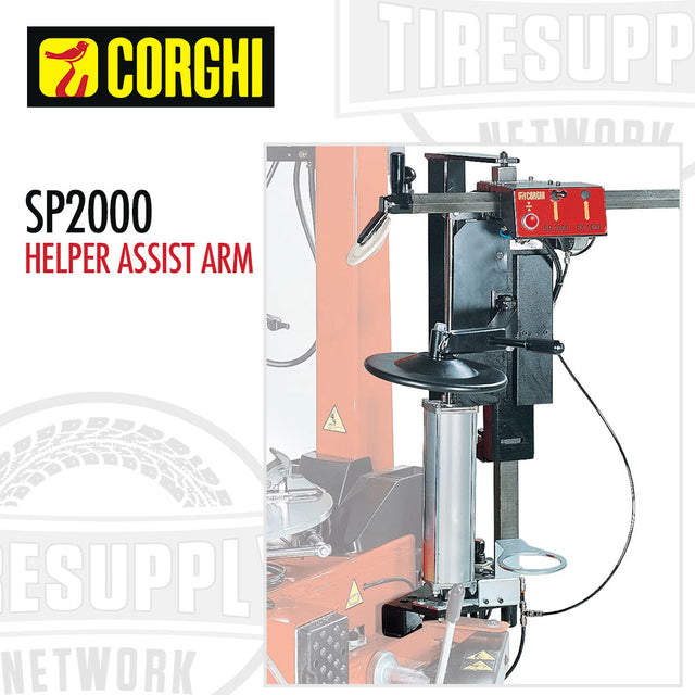 Corghi SP2000 Helper Assist Arm for tire changers, showing a black and silver arm with a pressure gauge and electrical wiring, set against a factory background.