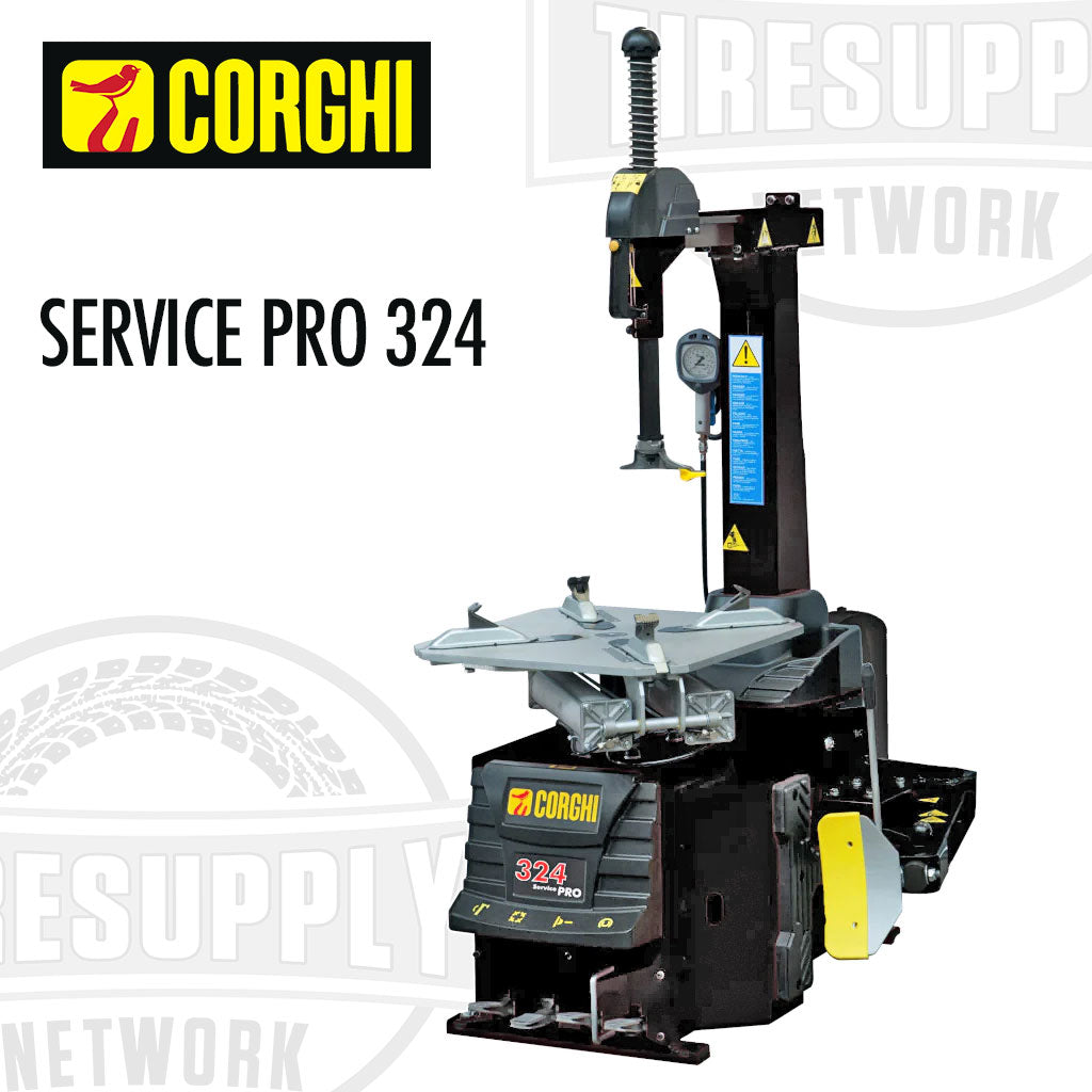 Corghi Service Pro 324 Electric Tilt-Back Tire Changer, black and gray in color with visible branding and tire changing mechanism.