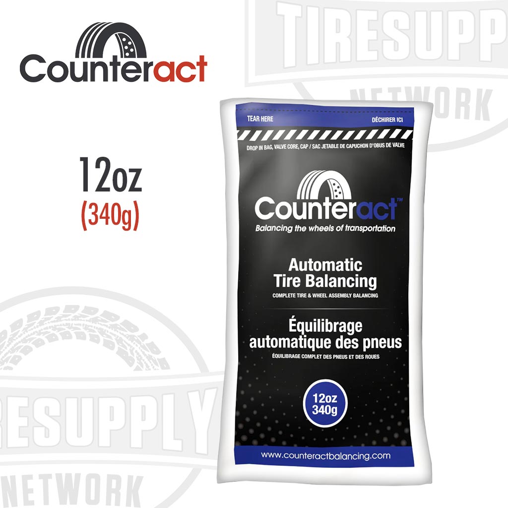 A 12 oz. bag of Counteract Tire Balancing Beads with valve cap and valve core. black bag. CA12