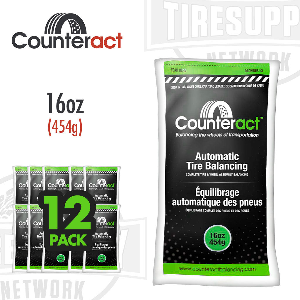 A 16 oz. bag of Counteract tire balancing beads with valve cap and valve core. green bag. 12 pack. CA16