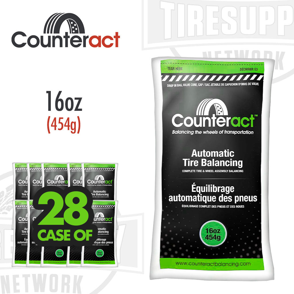 A 16 oz. bag of Counteract tire balancing beads with valve cap and valve core. green bag. Case of 28. CA16