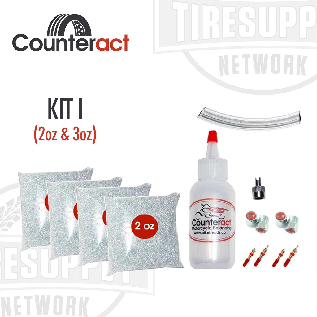 The image shows a Counteract DIY Kit for off-road ATV & UTV with tire balancing beads in 2 oz and 3 oz bags, along with a bottle and tube for injection, valve cores and caps, and a valve core remover cap.