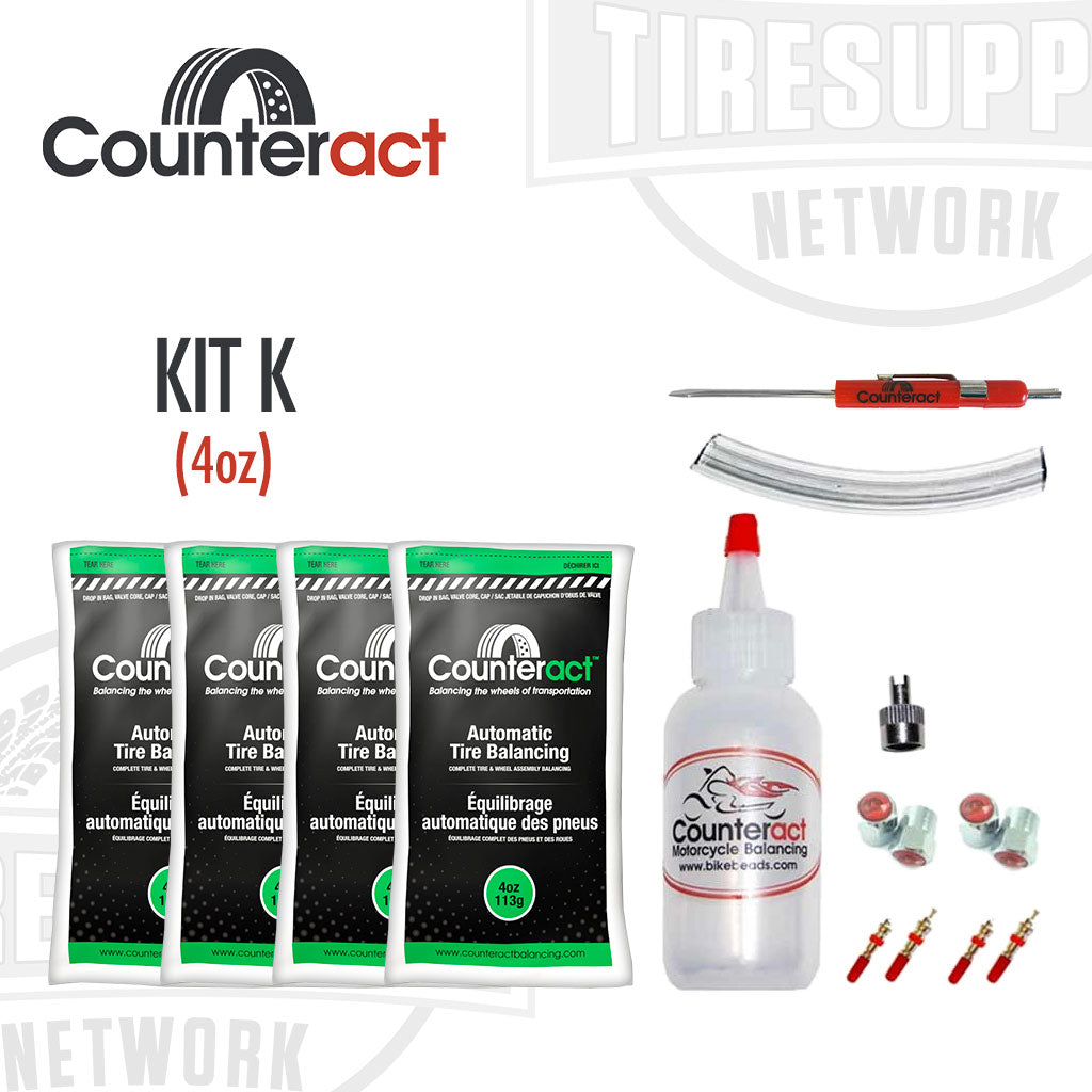 Counteract brand tire balancing bead kit, labeled as Kit K, including four 4 oz. bags of beads, along with a valve core remover, injection bottle, and additional accessories.