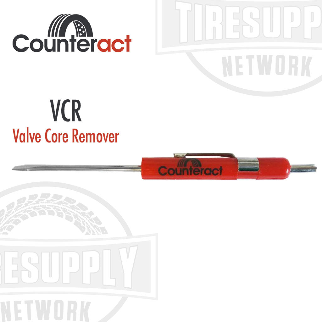 Counteract branded valve core remover and flat-head screwdriver combo tool in red color with the brand logo visible. VCR