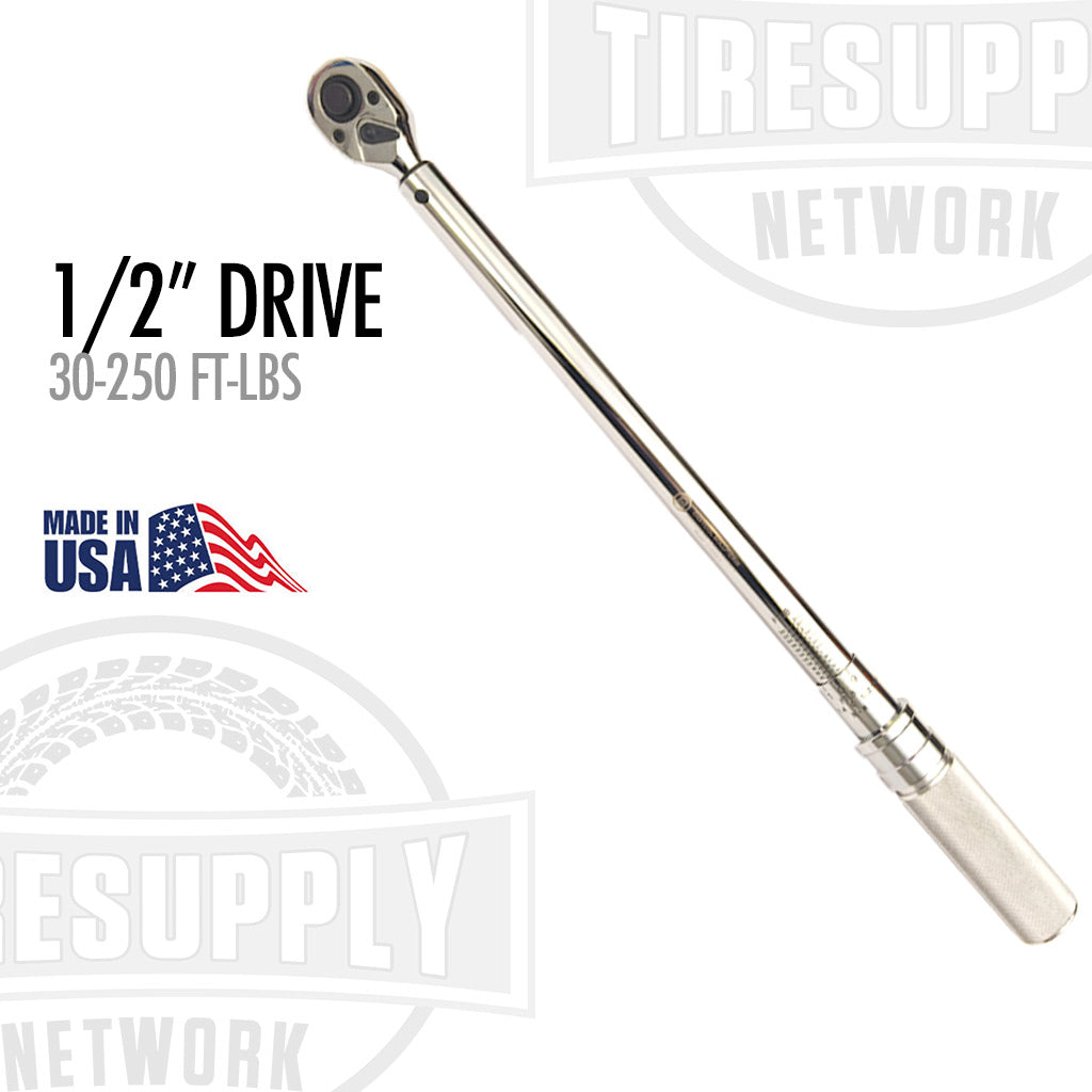 A chrome-plated 1/2" drive micrometer adjustable click-type torque wrench with a dual scale, marked with 30-250 ft-lbs, and an American flag emblem indicating it is made in the USA.