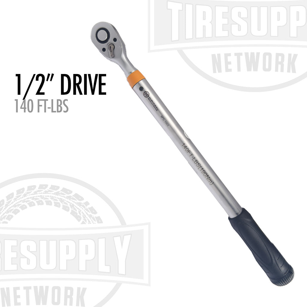 A 1/2 inch drive preset click-type torque wrench with an orange preset torque label, quick release ratchet head, and ergonomic rubber grip. 5PC-1403
