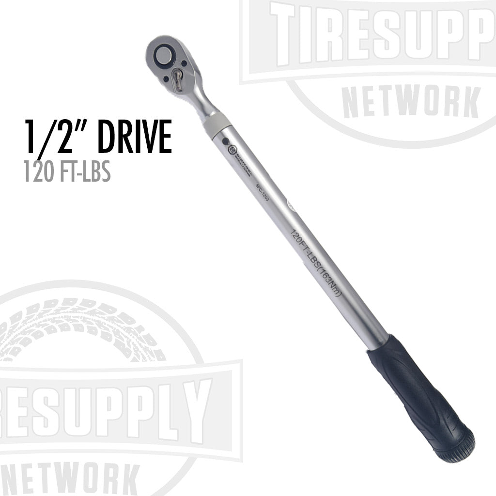 A 1/2 inch drive preset click-type torque wrench with a gray satin finish and a black rubber grip, preset to 120 ft-lbs, with the text '1/2" DRIVE 120 FT-LBS' visible on the image.