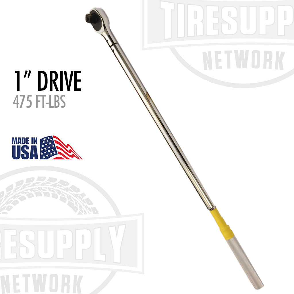 A 1" drive preset truck click-type lug nut torque wrench with a yellow handle, measuring 475 ft-lbs, with a chrome plated finish and cross hatched handle for grip. The product is displayed against a backdrop with 'Tiresupply Network' branding and an American flag.