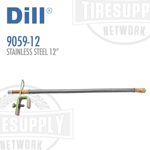 A 12-inch flexible braided stainless steel valve extension by Dill, with a robust clamp designed to fit wheels up to 5/8 inch thick.
