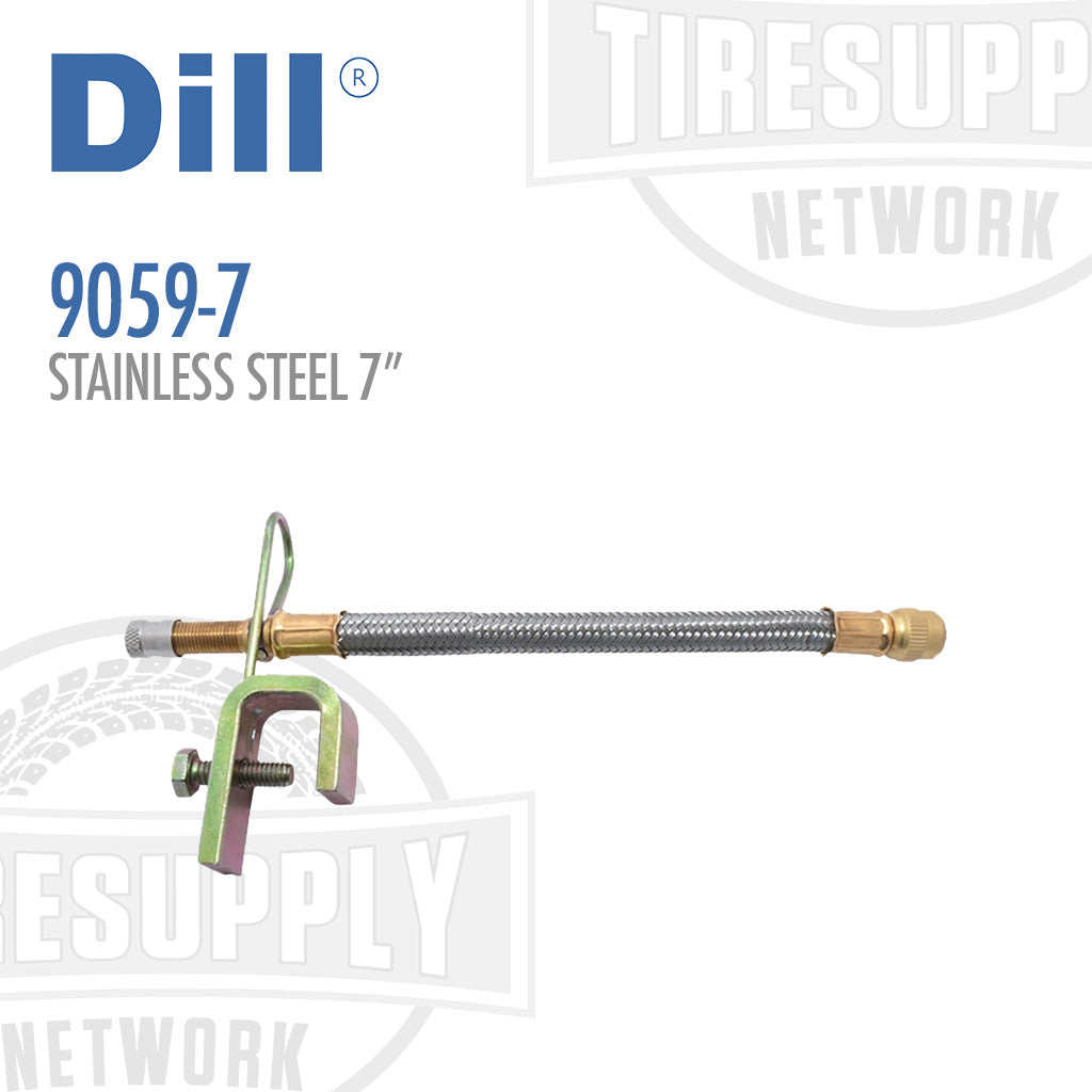 A 7-inch flexible braided stainless steel valve extension with a robust clamp, marked with the Dill brand and specified as stainless steel. 9059-7