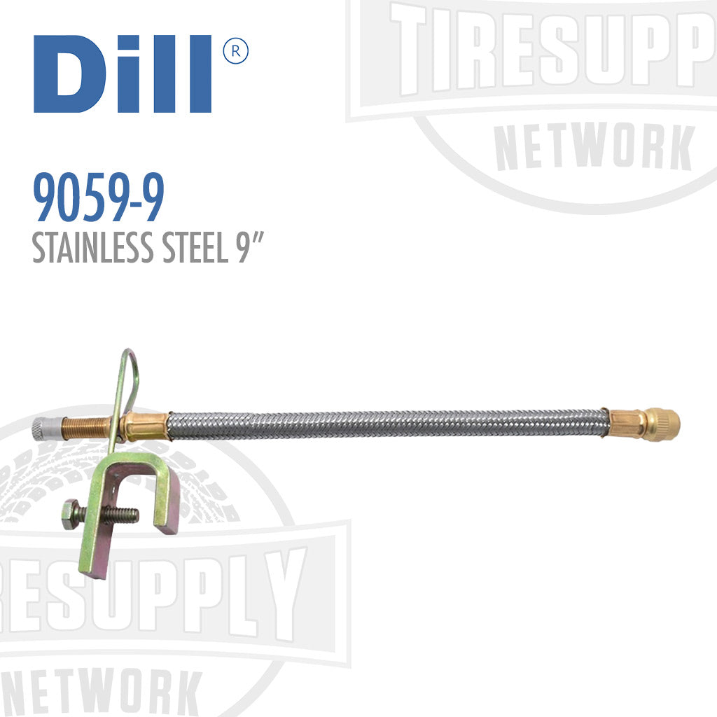 A stainless steel 9-inch flexible braided valve extension with a robust clamp, labeled with the Dill brand and part number 9059-9.