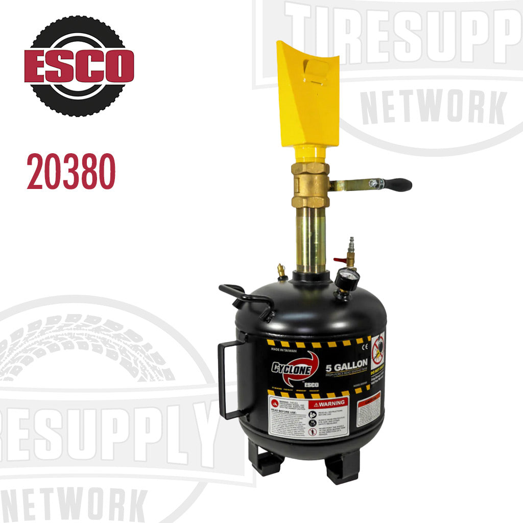 ESCO Cyclone Classic High-Force 5 Gallon Steel Tank Bead Seater with a yellow barrel and black steel tank, featuring safety release valve and branding stickers. 20380
