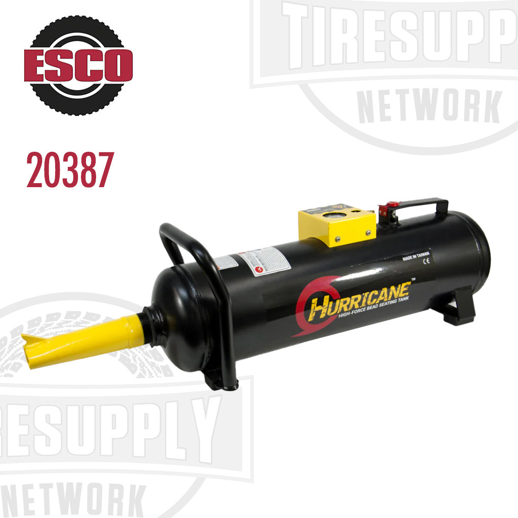 An ESCO Hurricane CAT-5 High-Force 5 Gallon Aluminum Tank Bead Seater, predominantly black in color with yellow accents, designed for seating beads on tires. 20387.