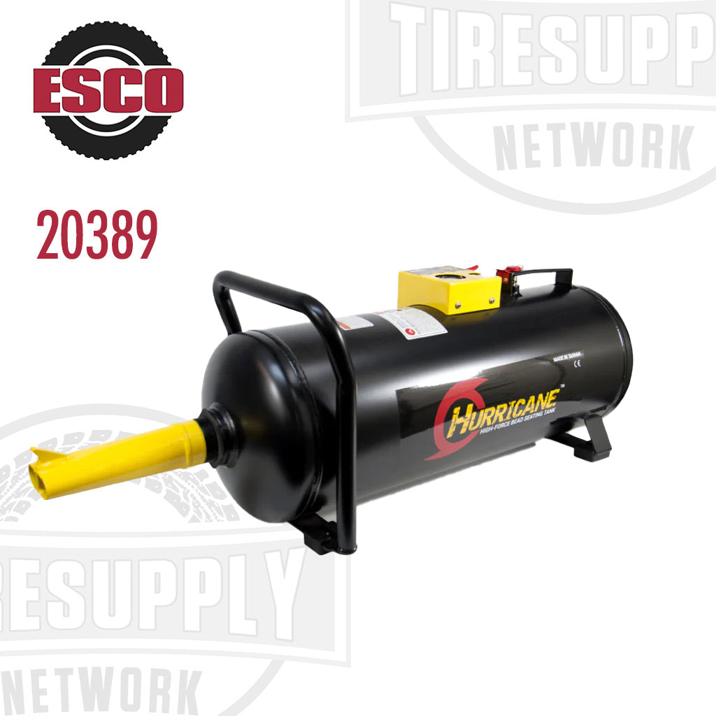 An ESCO Hurricane CAT-13 High-Force 13 Gallon Aluminum Tank Bead Seater, predominantly black in color with yellow accents, designed for seating beads on tires.