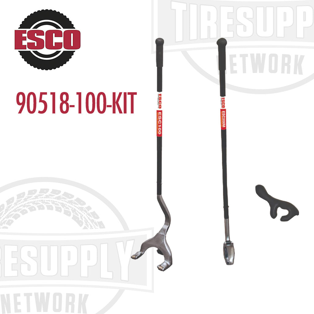 The image shows the ESCO 90518-100-KIT truck tire demount and mounting tool kit, including a demounting tool, a mounting tool, and a bead holder.