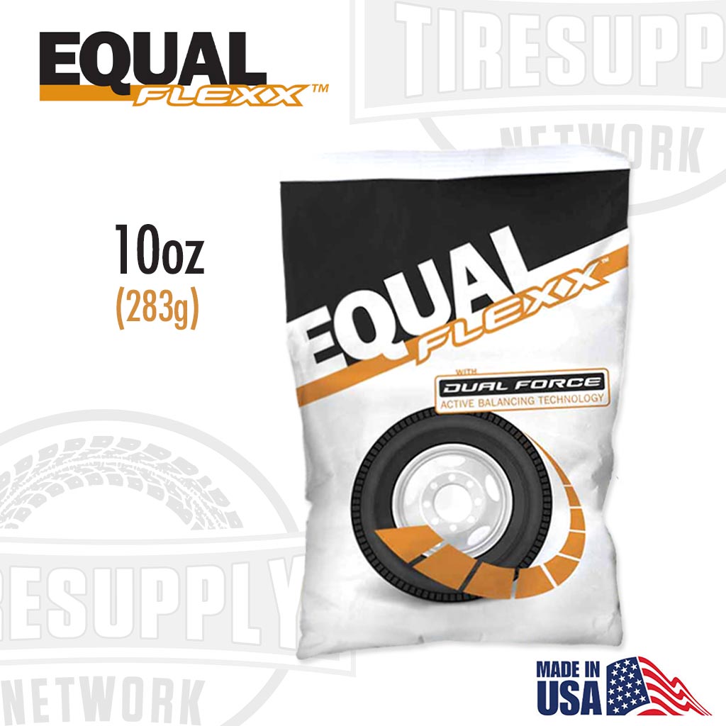 A package of Equal Flexx tire balancing beads in a 10 oz. bag, with the product branding and information displayed on the front. EQFXBC40