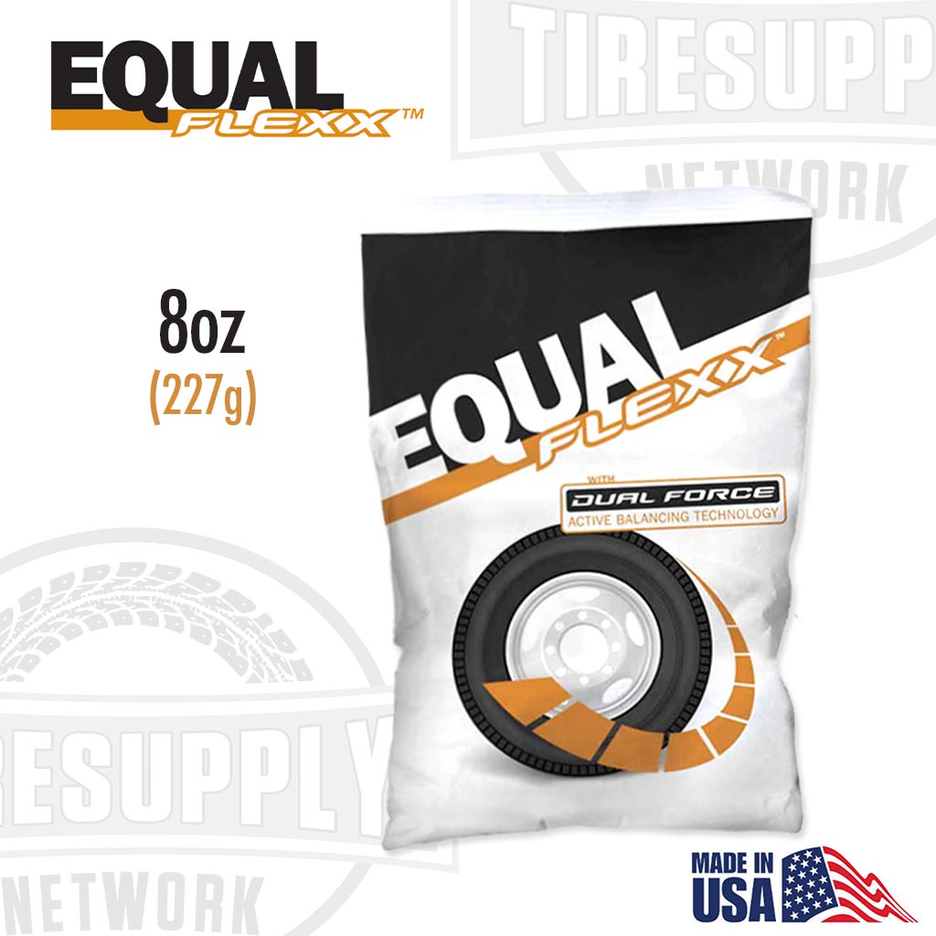 A package of Equal Flexx tire balancing beads weighing 8 oz. The packaging is predominantly white with black and orange accents, featuring the product name and description. EQFXCC40