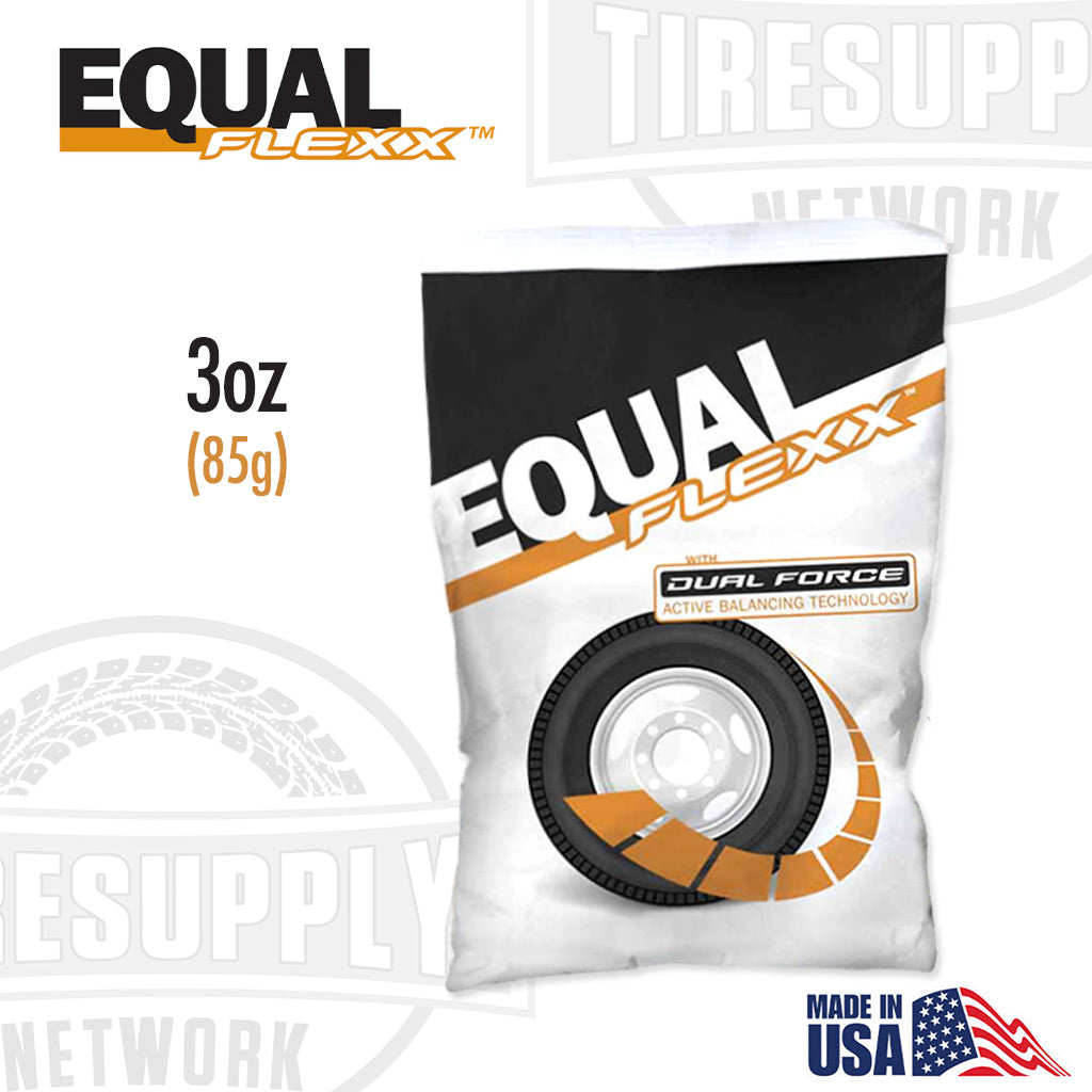 A package of Equal Flexx tire balancing beads in a 3 oz. bag, with the product branding and information displayed on the front. EQFXEC40