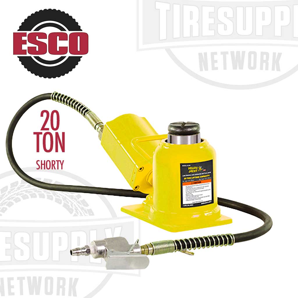 ESCO 10399 Yellow Jackit 20 Ton Air Hydraulic Shorty Bottle Jack, yellow in color with a black hose and air fittings, designed for lifting heavy equipment.
