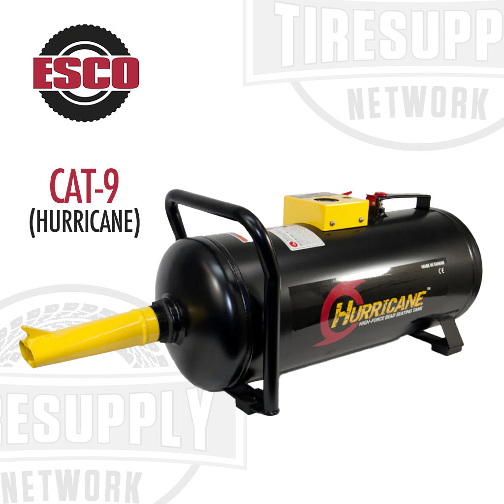 An ESCO Hurricane CAT-9 high-force 9 gallon aluminum tank bead seater. It has a black body with yellow discharge tube and is labeled with the brand name and model details.